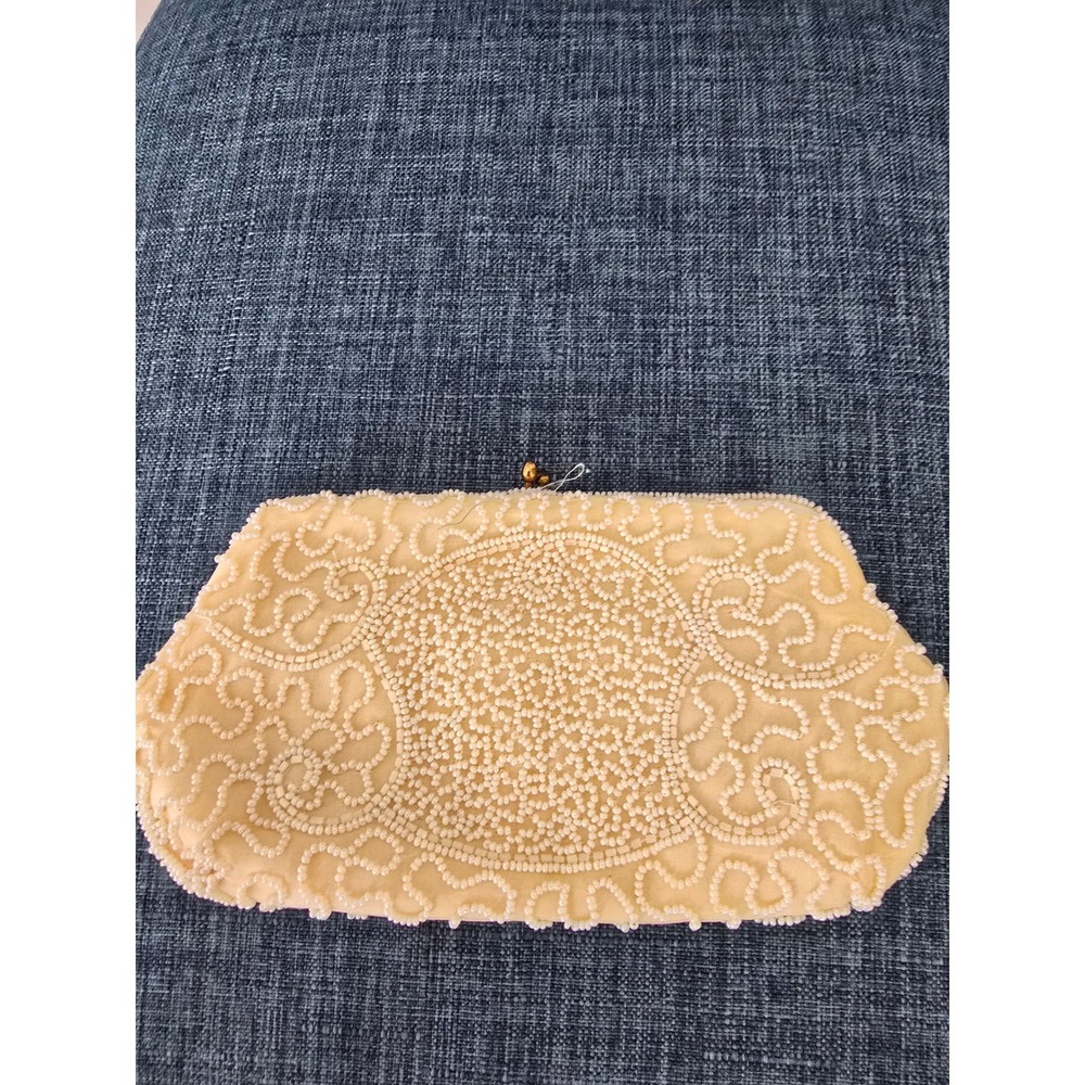 Vintage Walborg Beaded Clutch Bag Cream Handmade Belgium Evening Purse Kiss Lock